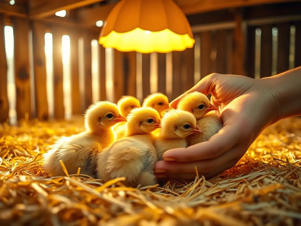 Gallinero rústico cálido, pollitos y mano