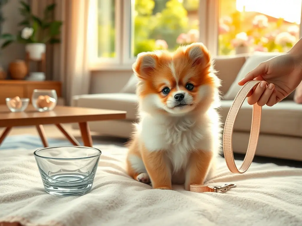 Cachorro Pomchi en salón soleado