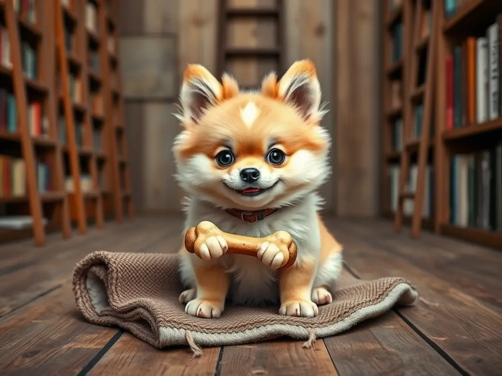 Imagen de un Pomchi sonriente sobre un tapete, en un estilo realista