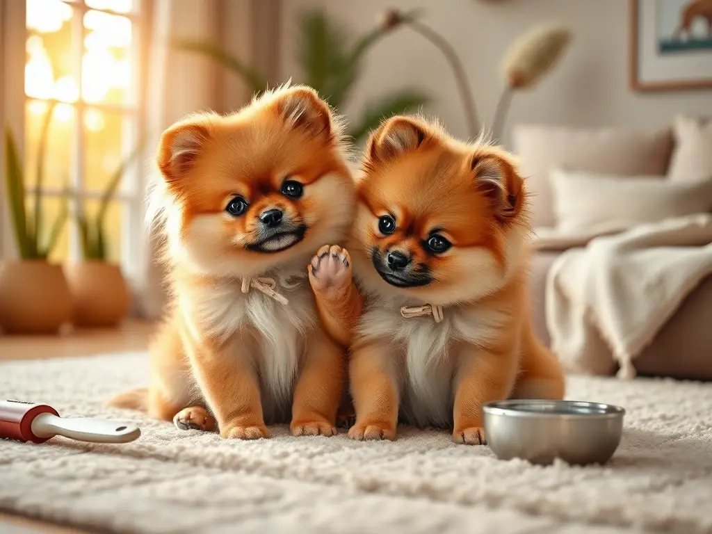 Dos Pomchi adorables en salón iluminado