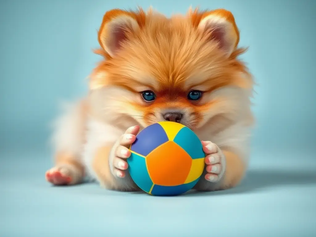 Foto de un cachorro Pomchi jugando con un balón de colores
