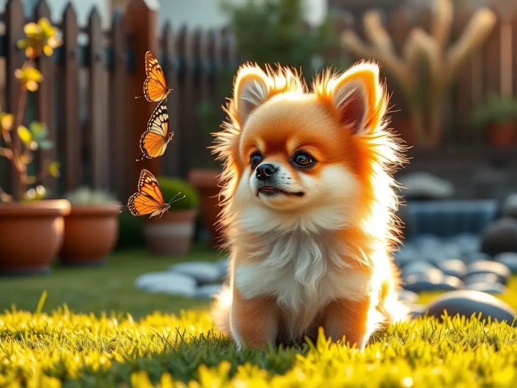 Pomchi feliz en jardín soleado
