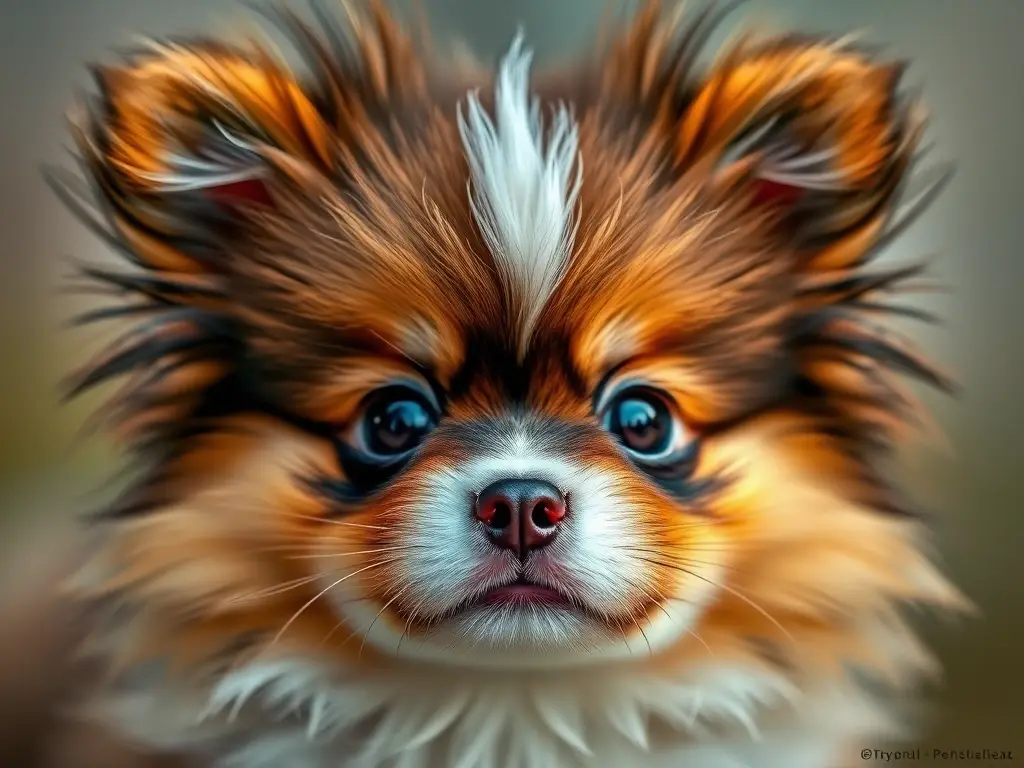Foto realista de un cachorro híbrido pomerania con ojos llamativos, natural y de alta resolución