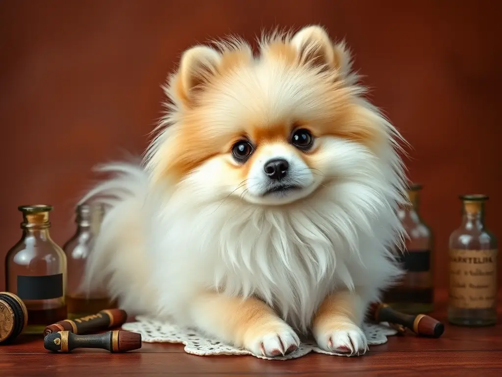 Foto realista de un Pomerania elegante en un fondo vintage