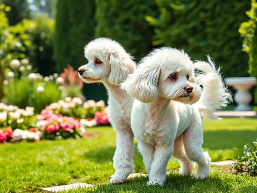 Una Poodle Miniatura blanca y juguetona, dividida, en un jardín de ensueño
