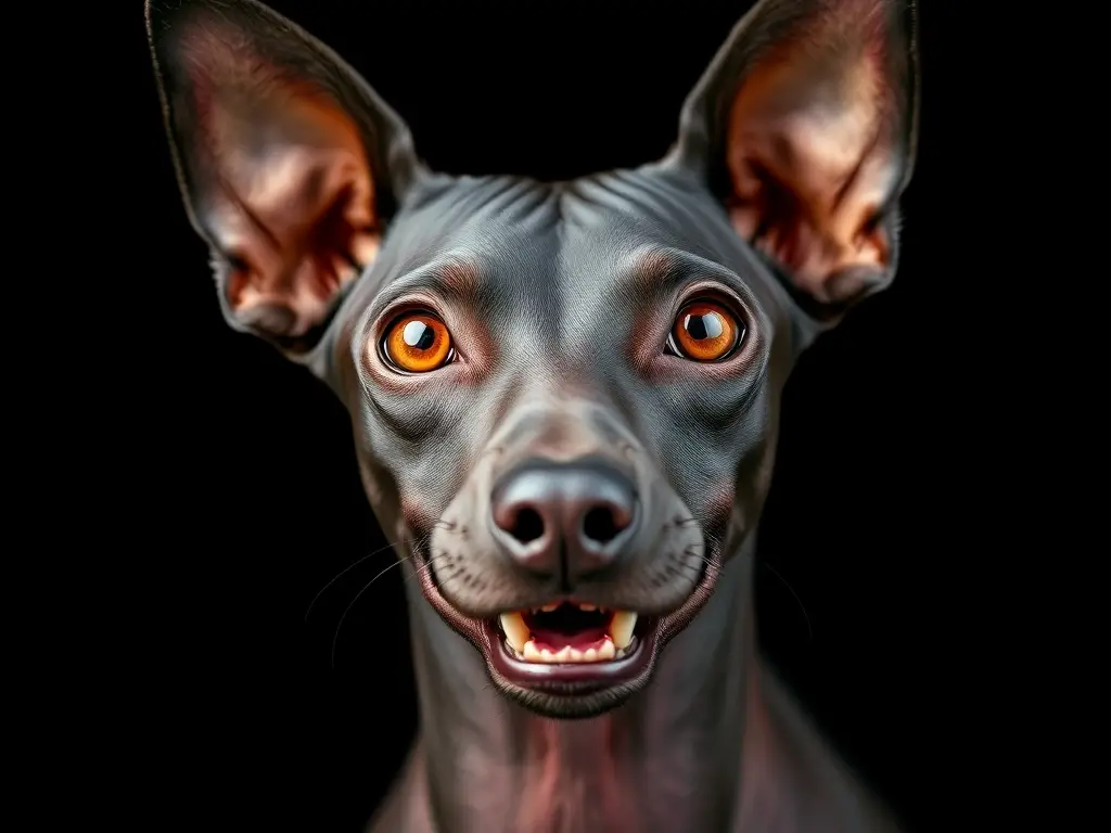 Fotografía realista de un Xoloitzcuintli con ojos amarillos