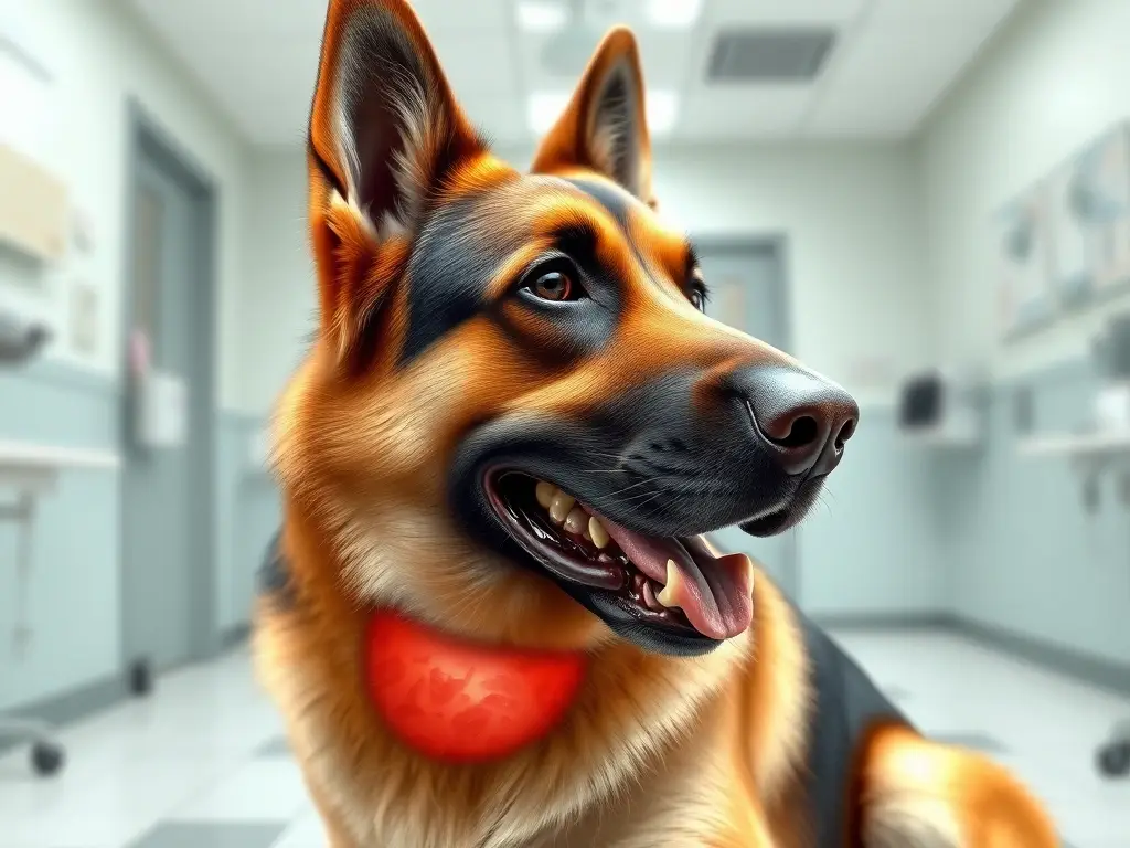 Ilustración médica realista de un perro pastor alemán con irritación intestinal visible en el abdomen