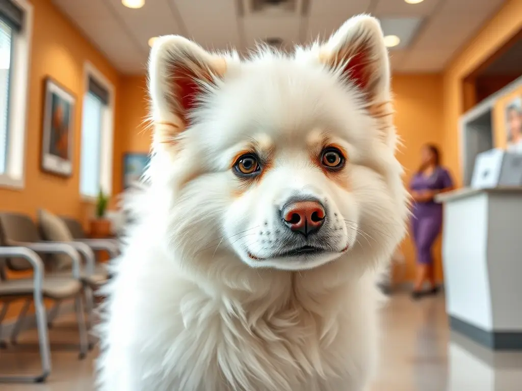 Foto realista de perro blanco con ojos expresivos en una clínica veterinaria
