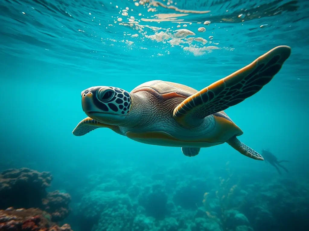 Tortuga majestuosa bajo agua tropical cristalina