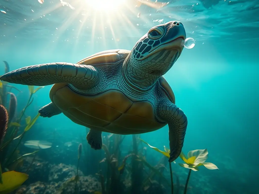 Tortuga majestuosa respira bajo agua brillante