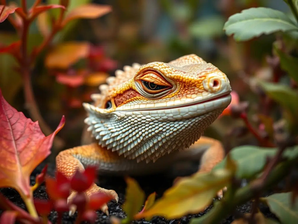 Imagen fotorealista de dragón barbudo con ojos cerrados, en un terrario colorido