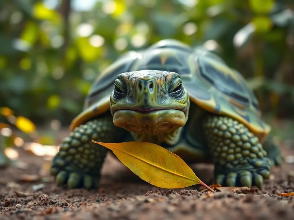 Un retrato esmeralda de tortuga callada, gentilmente masticando