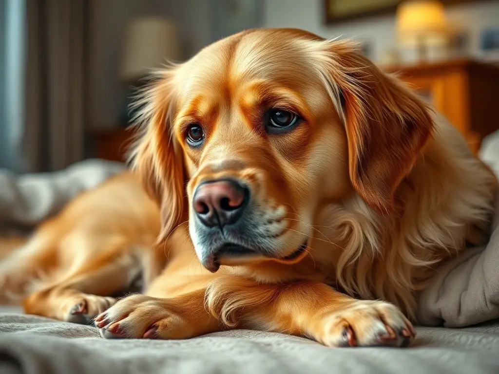 Foto realista de Golden Retriever anciano con mirada preocupada