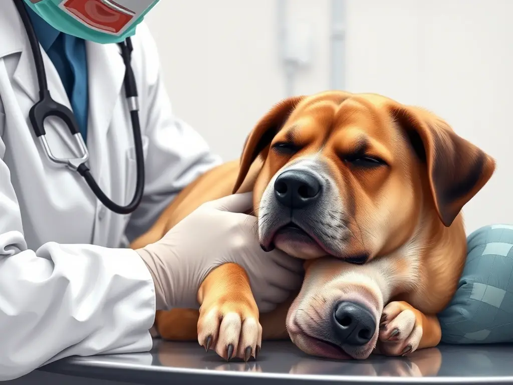 Imagen realista de veterinario examinando un perro dormido