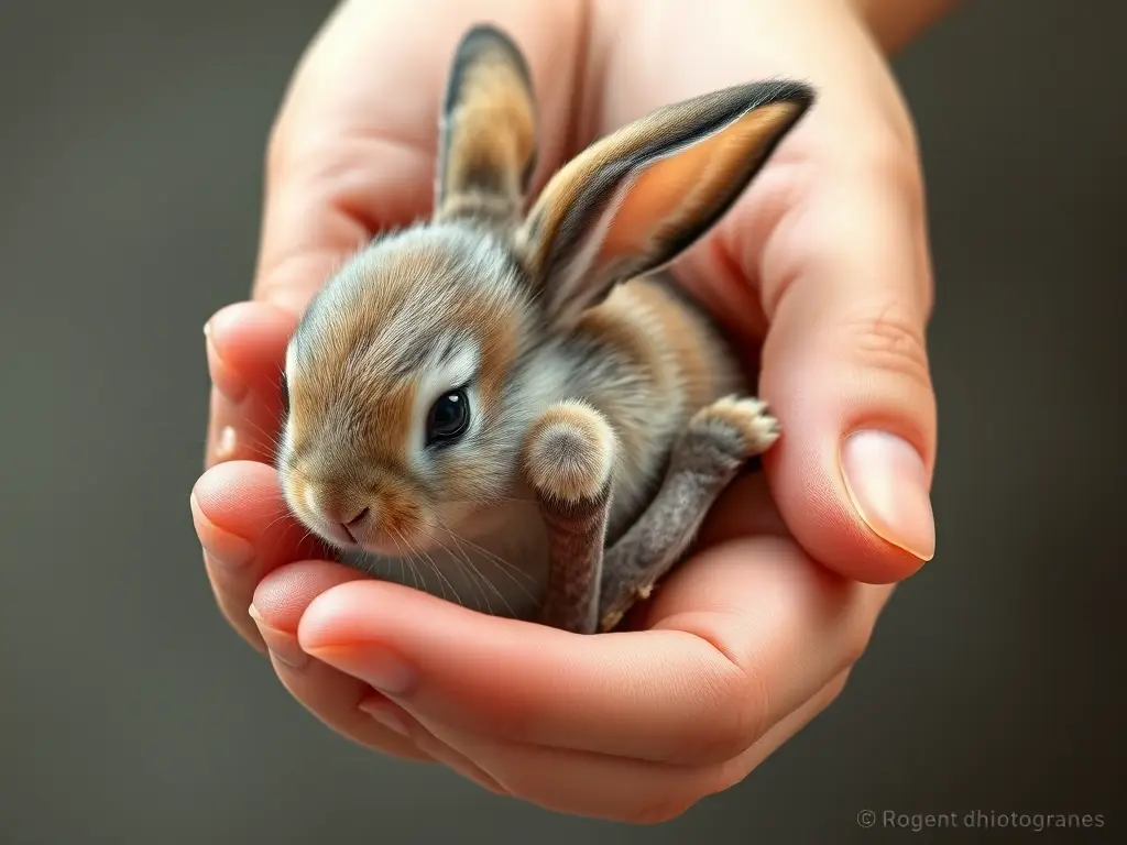 Ilustración realista de una mano abrazando a un conejo con detalles delicados