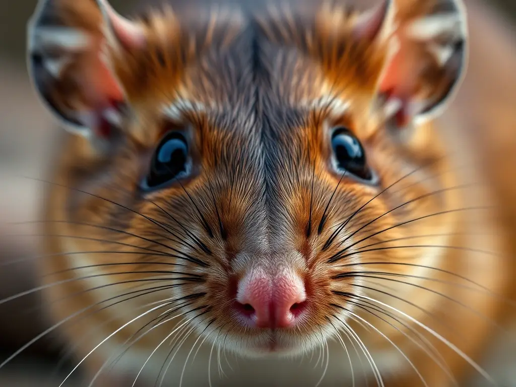 Foto realista de cara de raton marrón noruego, ojos y bigote vívidos