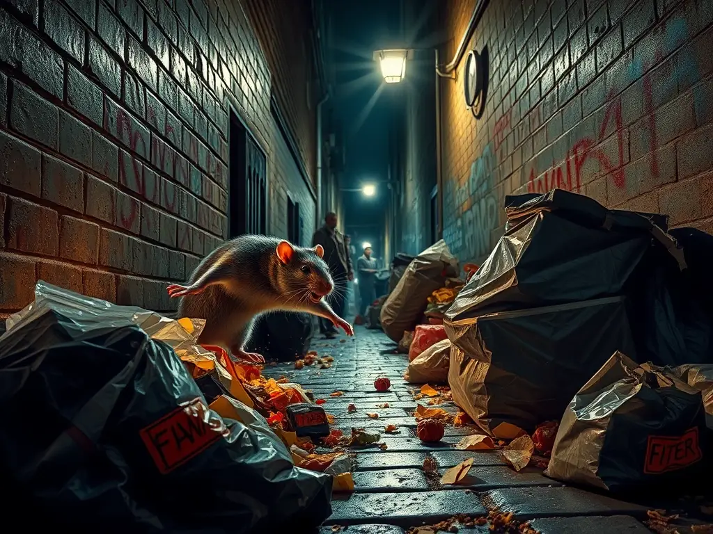 Rata salvaje ataca mano en callejón nocturno