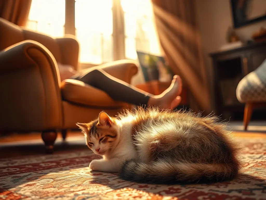 Sala cálida, persona y gato descansan