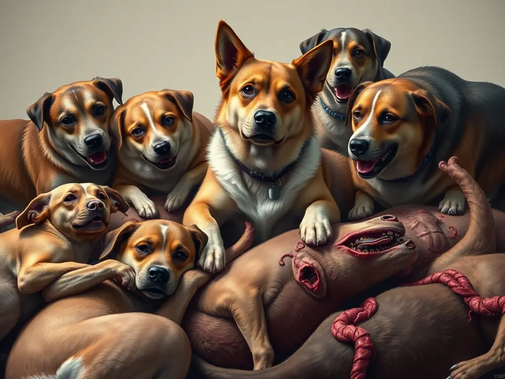 Ilustración de perros realistas con cuerpos de animales heridos