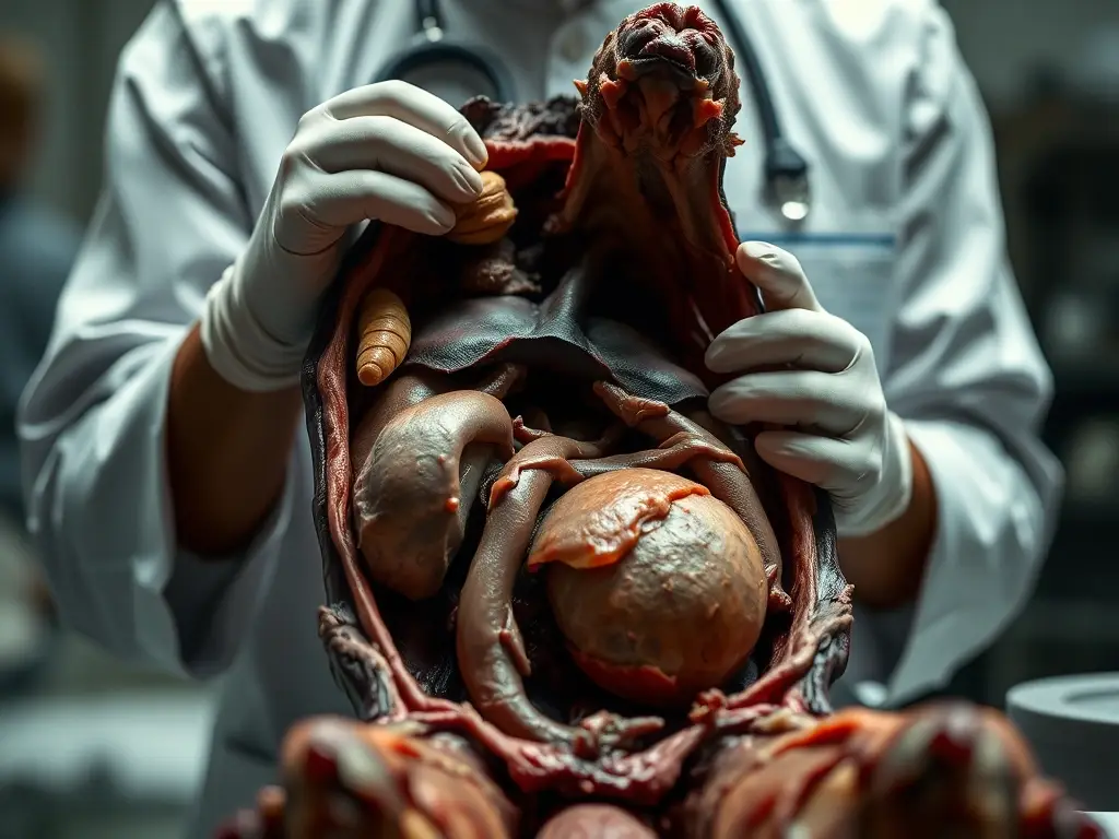 Una obra de arte realista y de alta resolución de un veterinario examinando órganos de un animal muerto