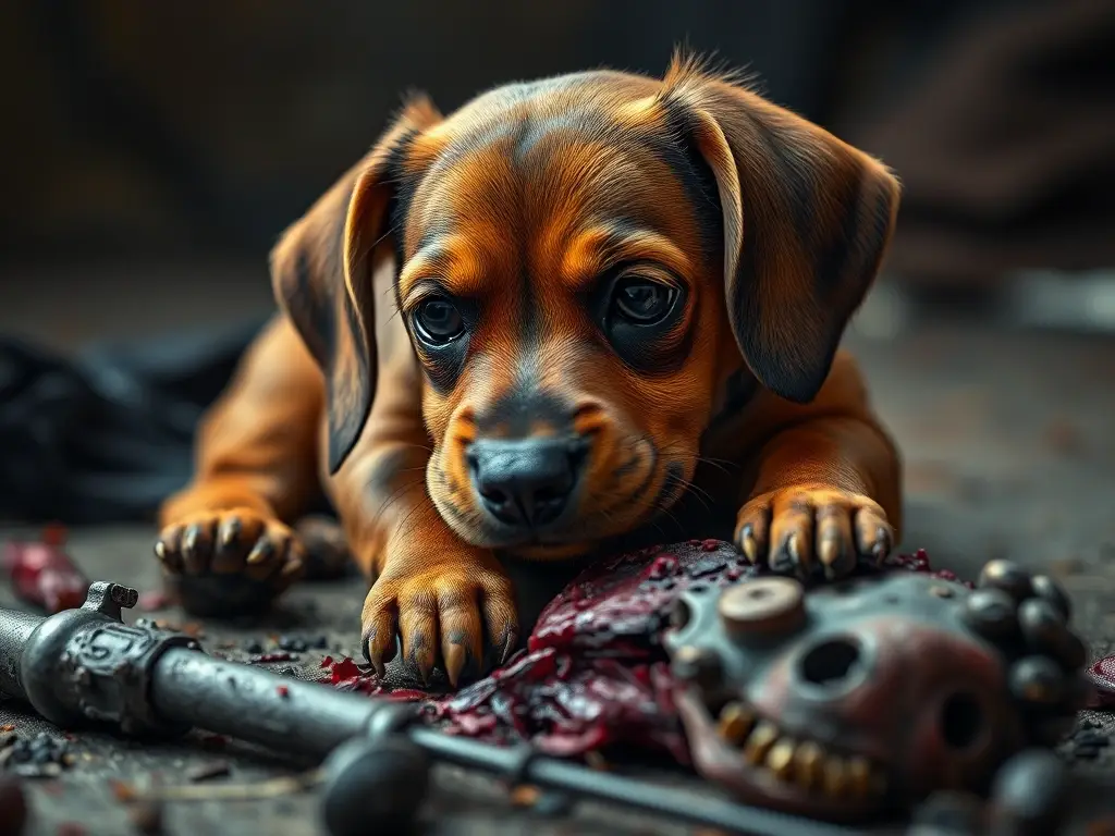 Un retrato realista de un cachorro de Dachshund con expresión de pena y mutilación
