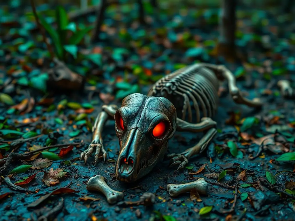 Un animal esqueleto, con ojos sin vida, en un bosque encantado