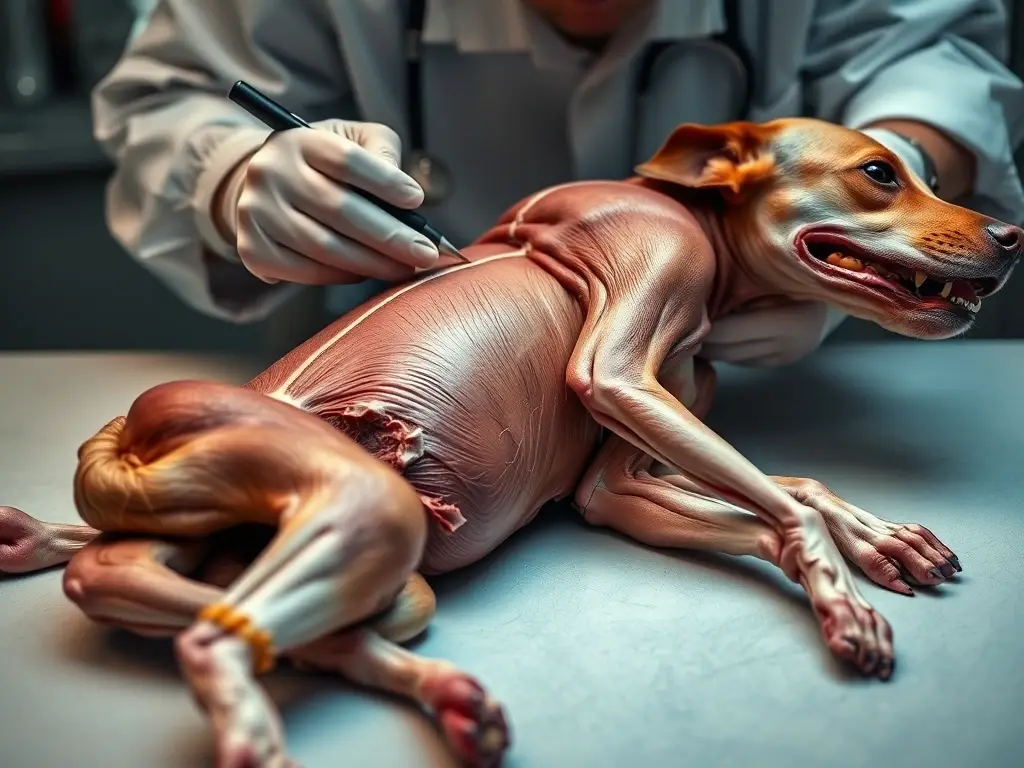 Foto realística de un veterinario examinando un perro muerto con detalle