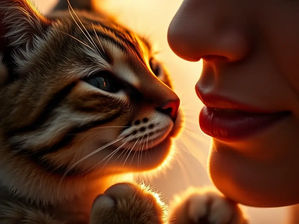 Gato sereno lame la mejilla humana