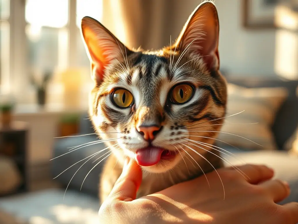 Gato besa mejilla humana con ternura