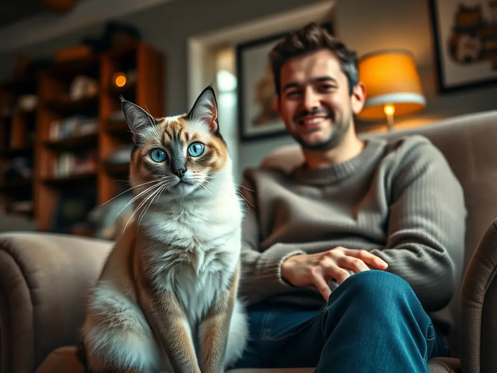 Photorealistic 8k imagen de un gato con un gazo atractivo junto a una persona
