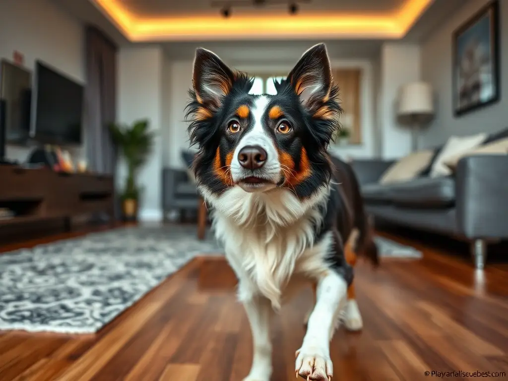 Fotografía realista de un Border Collie concentrado en el suelo