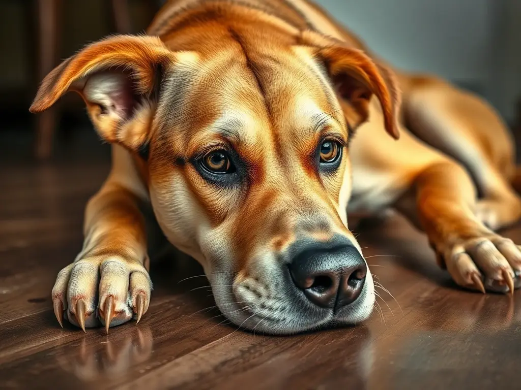 Fotografía realista de un perro mestizo, concentrado y natural, rasguñando y dejando un mensaje de luz