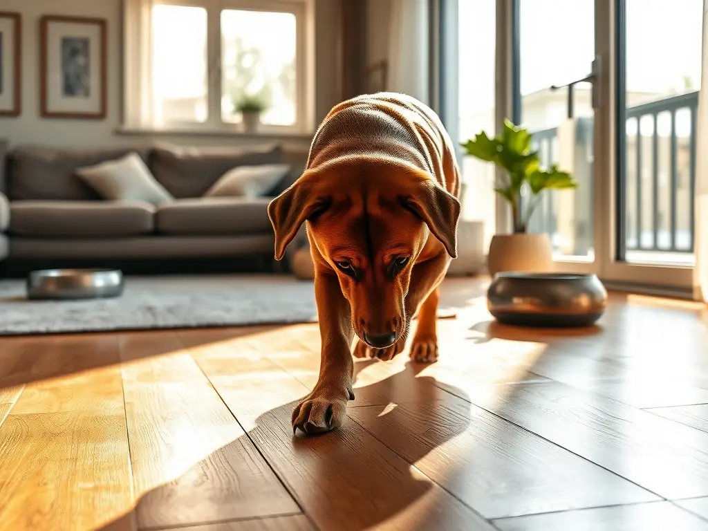 Labrador marrón rasca suelos bajo luz
