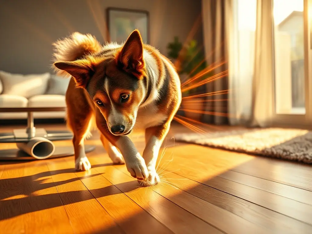 Perro rasca suelo, emana luz dorada