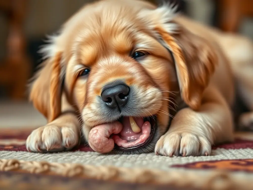 Imagen realista de labrador cachorro masticando un tapete