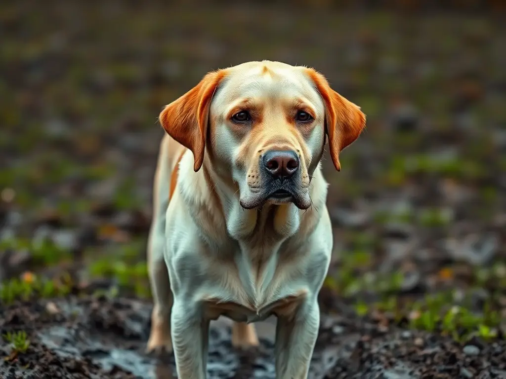Fotografía realista de un labrador melancólico en un campo barroco