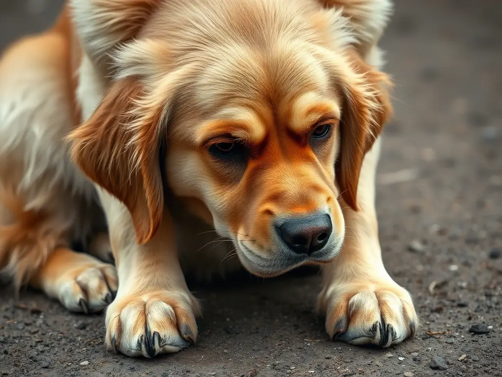 Fotografía realista de un labrador con expresión de dolor y patas temblorosas