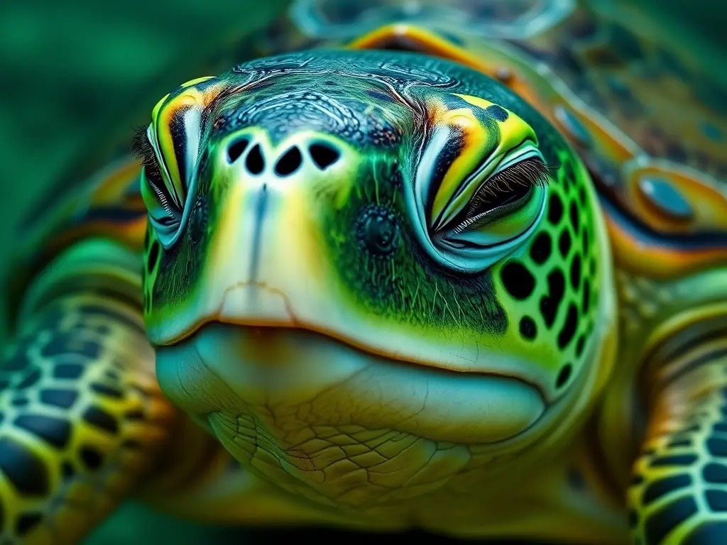Un retrato real del tortuga marina verde, con ojos cerrados