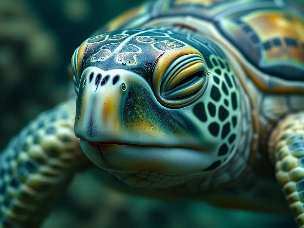 Fotografía realista de una tortuga marina verde con ojos cerrados y textura de concha