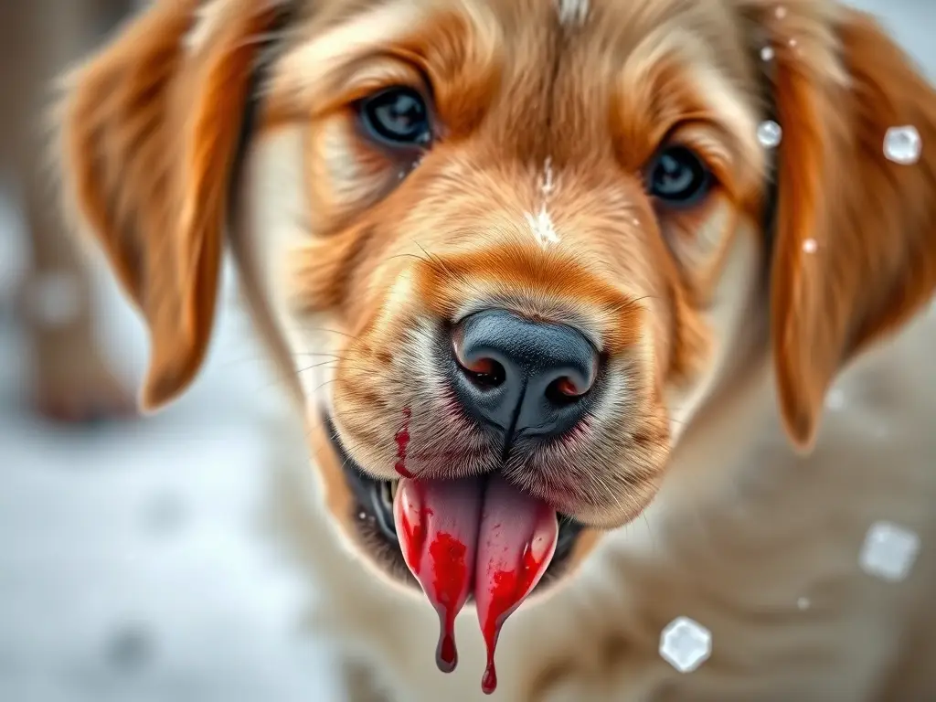 Imagen realista de cachorro golden retriever con manchas rojas y negras en la boca