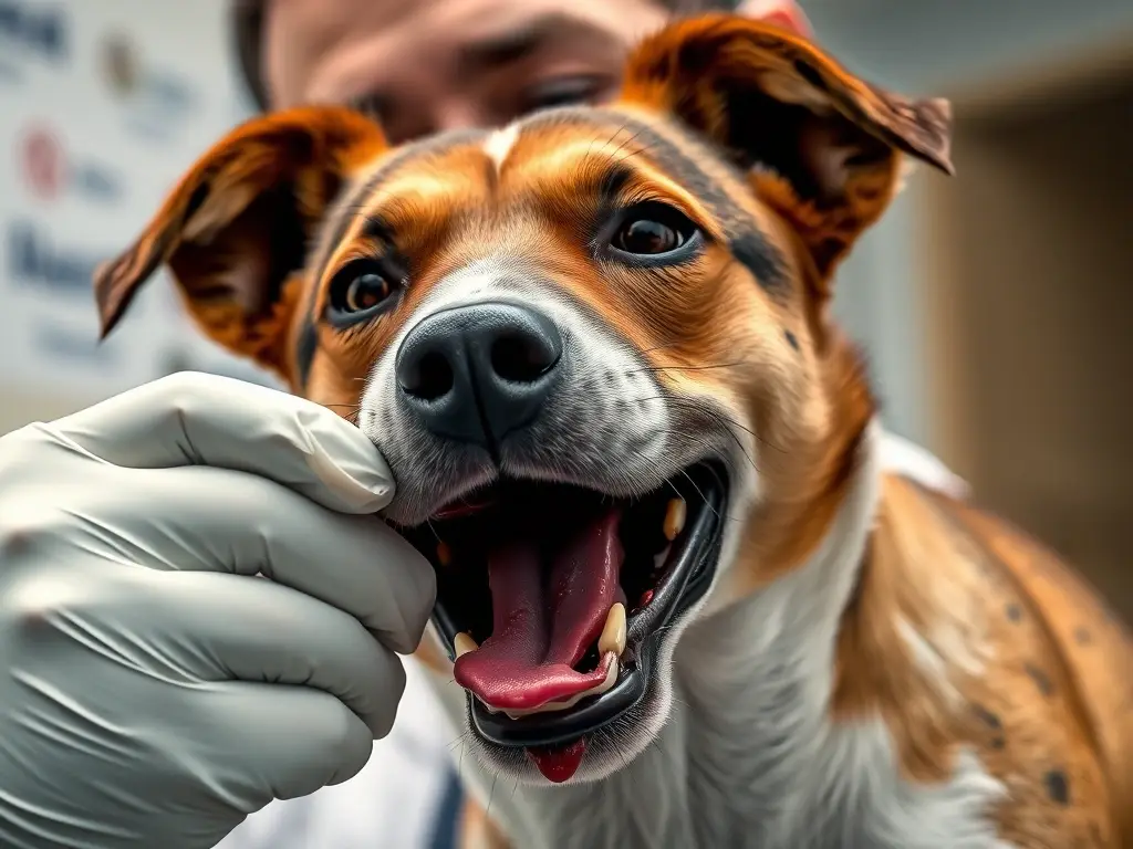 Foto realista de un veterinario examinando la boca de un terrier con sangre en la vomito