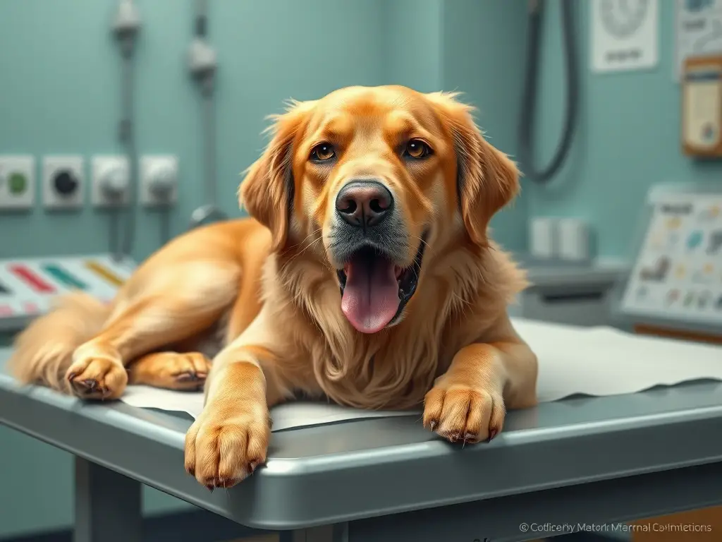 Ilustración realista de un labrador adulto con enfermedades y en mesa veterinaria