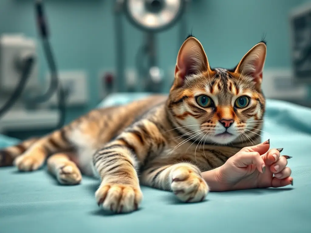 Photorealistic image of a tabby cat on a surgical table