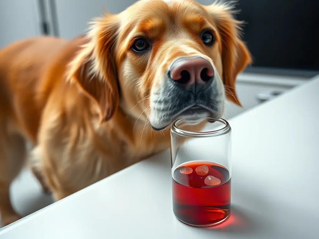 Golden retriever junto a vial de orina