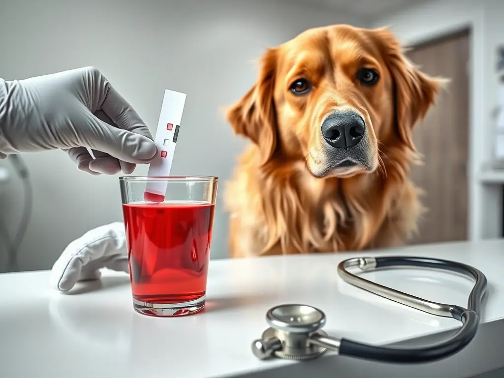 Golden retriever en mesa veterinaria con sangre