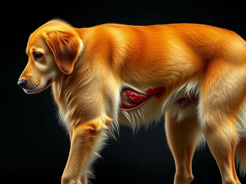 Foto realista de anatomía de Golden Retriever con sangre y orina, detallada y científica