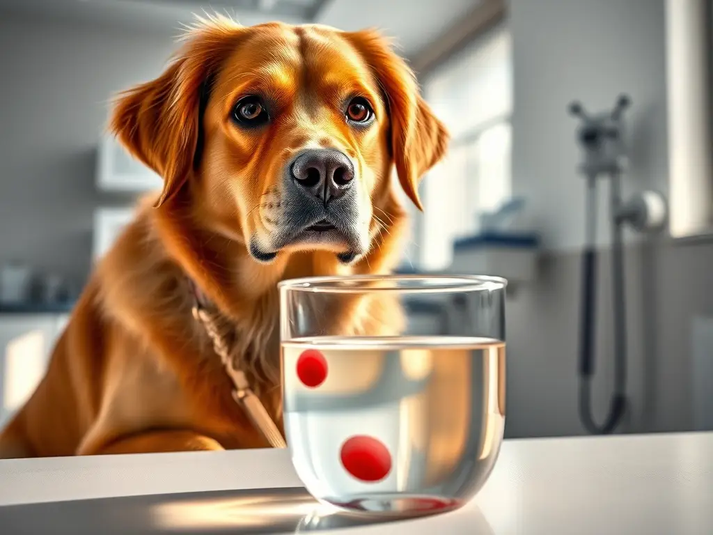 Perro preocupado en clínica, muestra sangre