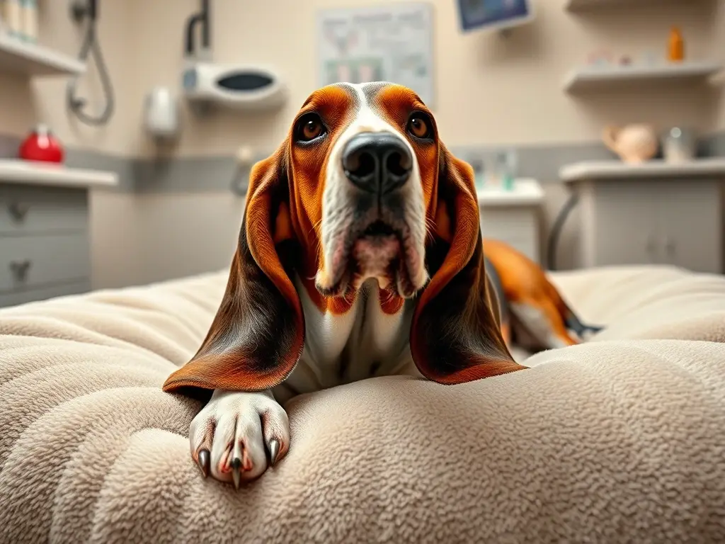 Fotorealistic retrato de perro basset tranquilo en una clínica veterinaria