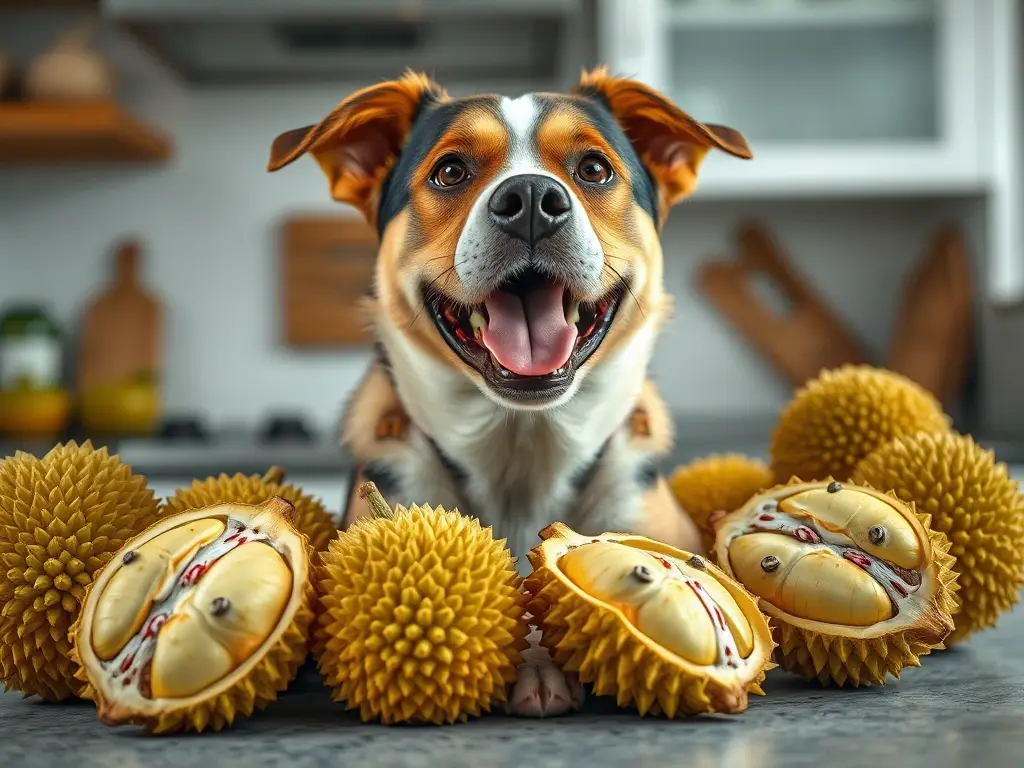 Fotografía realista de perro mestizo feliz con durians en el countertop