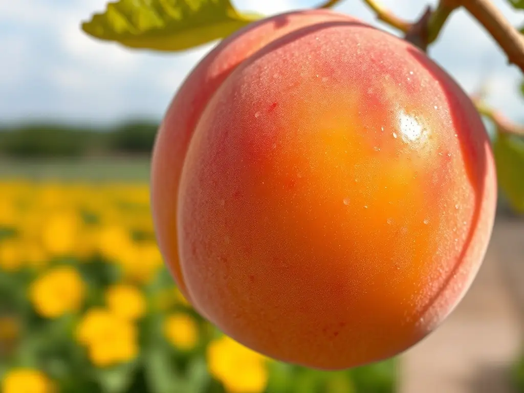 Foto realística de una peach fresca y con detalles exquisitos